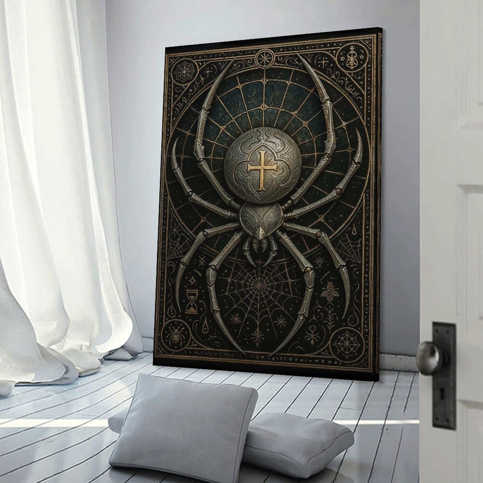 Junmoney Metallic Spider Cross – Gothic Medieval Insect Decorative Wall Artwork 24x36inch(60x90cm), for Home Lounge, Bedroom Or Reading Nook, Modern Wall Decor for Cosy Interiors