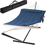 SUNCREAT Double Outdoor Hammock with Stand, Two Person Cotton Rope Hammock with Polyester Pad, Dark Gray