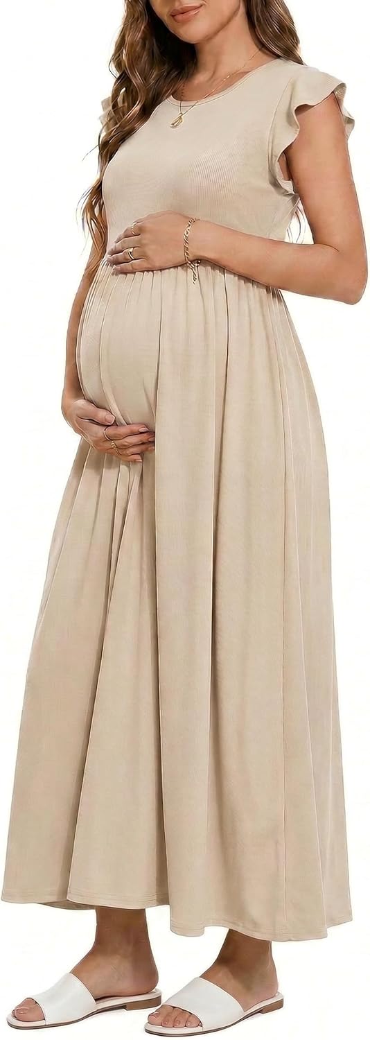 OUGES Women's Maternity Dress Summer Ruffle Sleeve Patchwork Casual Flowy Maxi Dresses with Pockets