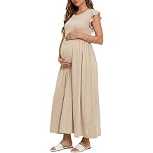 OUGES Womens Maternity Dress Summer Ruffle Sleeve Patchwork Casual Flowy Maxi Dresses with Pockets