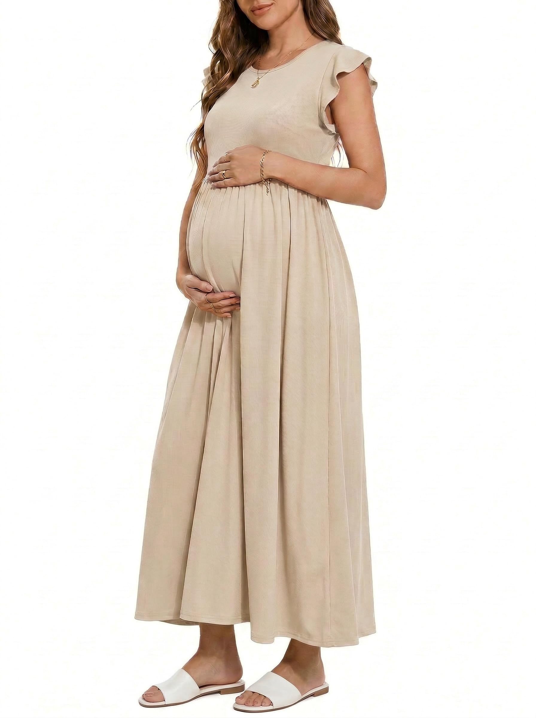 OUGES Women's Ruffle Sleeve Patchwork Maternity Maxi Dress with Pockets