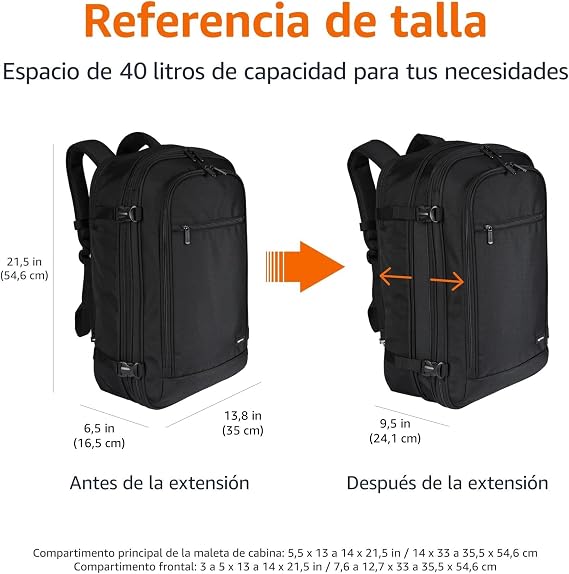 Amazon Basics Travel Backpack 40L, Carry-on (51x38x20cm), Padded Straps, Portable Compartment 17, Organized Pockets - Black