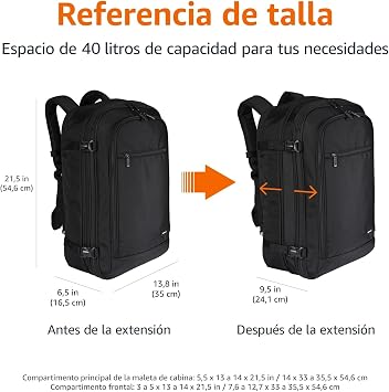 Amazon Basics Travel Backpack 40L, Carry-on (51x38x20cm), Padded Straps, Portable Compartment 17, Organized Pockets - Black