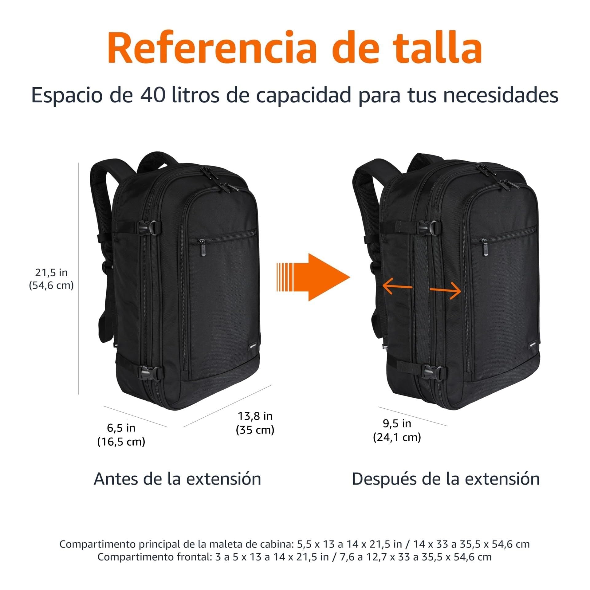 Amazon Basics Mochila de Viaje 40L, Equipaje de Mano (51x38x20cm), Tirantes Acolchados, Compartimento Portátil 17", Bolsillos Organizados - Negro