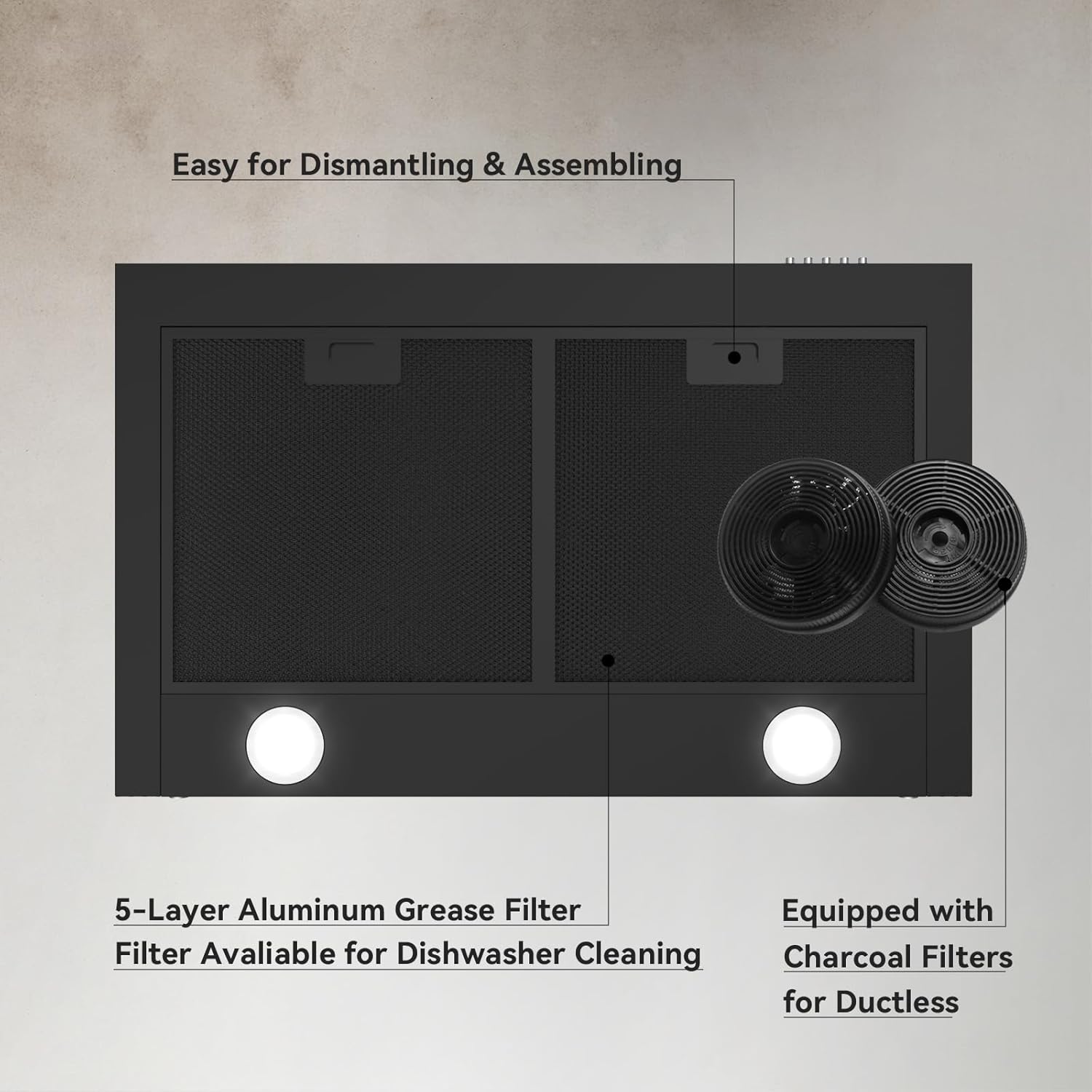 Hermitlux Range Hood 30 inch, Wall Mount Vent Hood for Kitchen with Charcoal Filter, Ducted/Ductless Convertible, Black