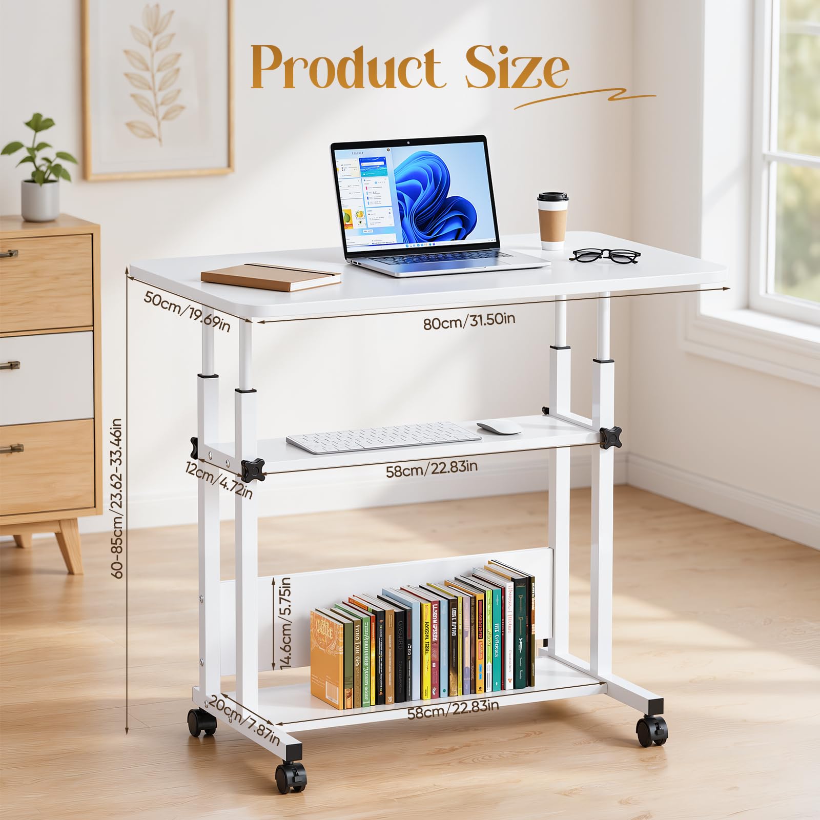 Table à roulettes réglable en hauteur à 3 niveaux, bureau d'ordinateur mobile avec roues verrouillables, cadre en acier en forme de H, réglable de 60 à 85 cm, plateau de table de 80 x 50 cm