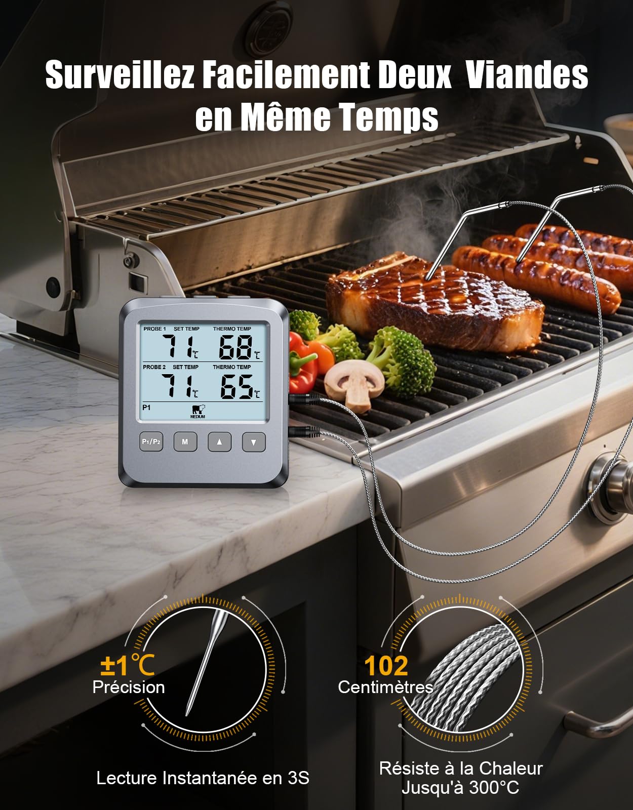 Thermomètre Cuisine Numérique Double Sonde avec Grand Écran LCD, Alarme et Lecture Rapide