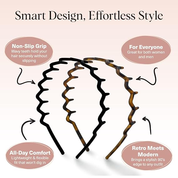 Kitsch Zig Zag Headbands for Women Fashion Accessories for Slicked Back Styles - Comfortable Wavy Headbands | Comb Headband with Teeth | Ideal Gifts for Women - Black and Tortoise - 2 pcs