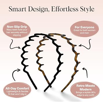 Kitsch Zig Zag Headbands for Women Fashion Accessories for Slicked Back Styles - Comfortable Wavy Headbands | Comb Headband with Teeth | Ideal Gifts for Women - Black and Tortoise - 2 pcs