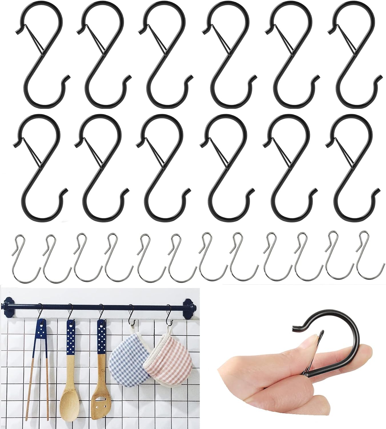 CRSONGMAOZL 24 Pack S Hooks for Hanging Clothes Heavy Duty Metal S Hooks Black S Hook with Safety Buckle Design for Outdoor, Lights, Kitchenware, Hanging Hooks