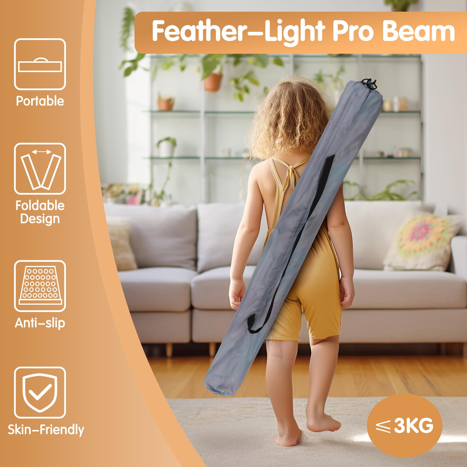 Barra de Equilibrio Gimnasia con Superficie de Ecocuero EVA+EPE en 3 Tamaños (240cm/270cm/300cm) Plegable para Niños y Adultos Contiene Bolsa de Transporte