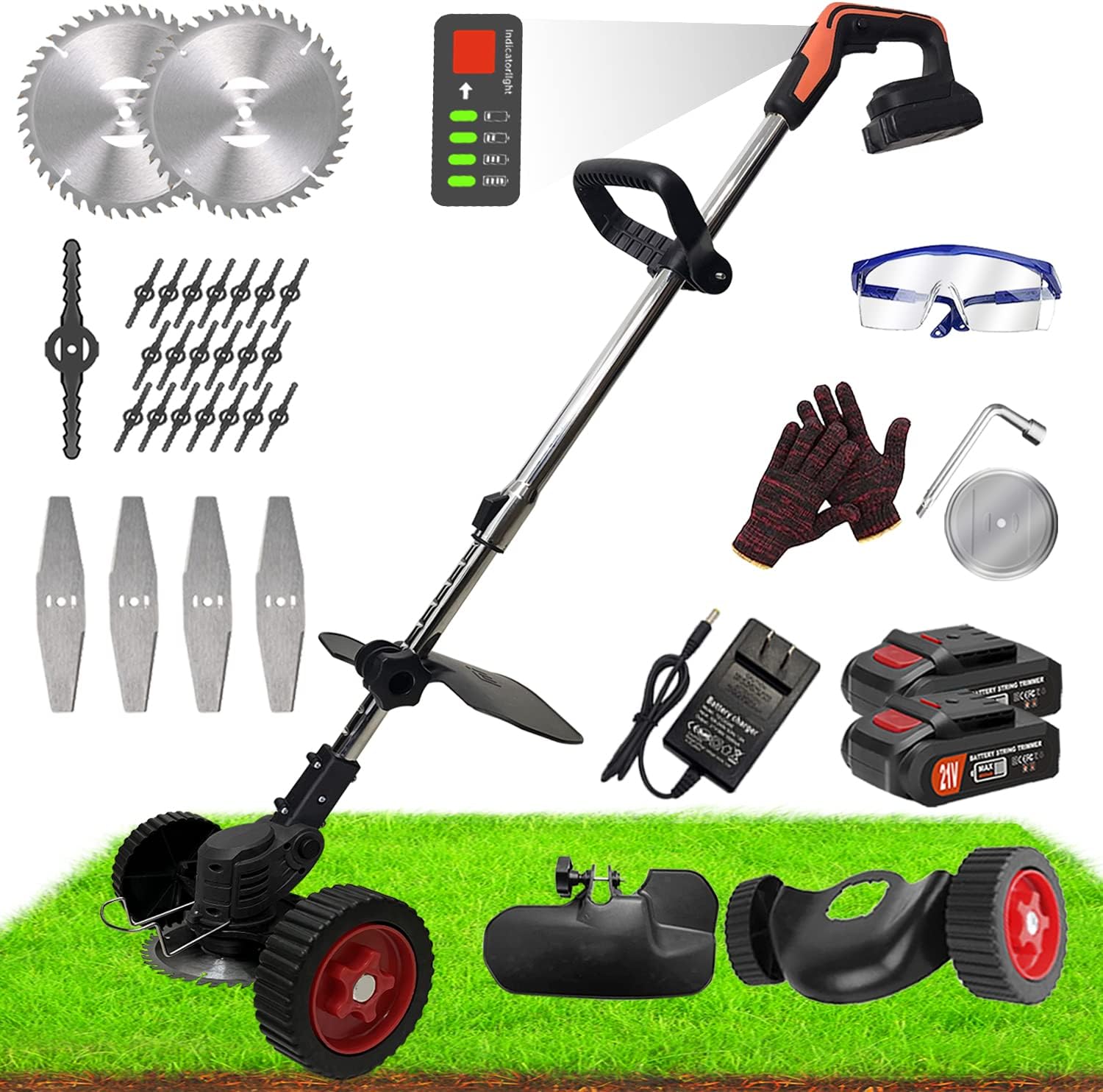 Electric Cordless Weed Eater Battery Powered, 3-in-1 Grass Trimmer & Brush Cutter & Edger Lawn Tool with 3 Types Blades & 2 X 2000mAh Battery, Lightweight Push String Trimmers for Garden Yard