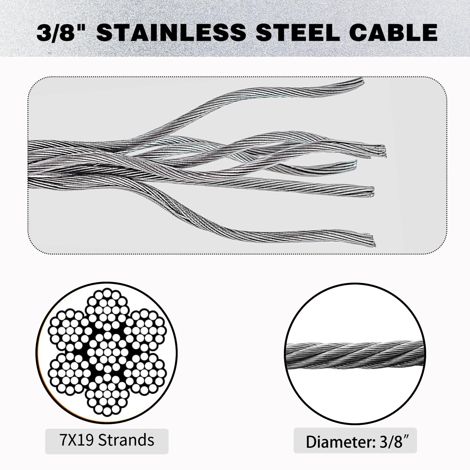 Cuerda de alambre de acero inoxidable de 3/8 pulgadas, cable de acero inoxidable 304 con bucle, resistencia a la rotura de 12000 libras, cuerda de alambre de 100 pies con clips y dedales para