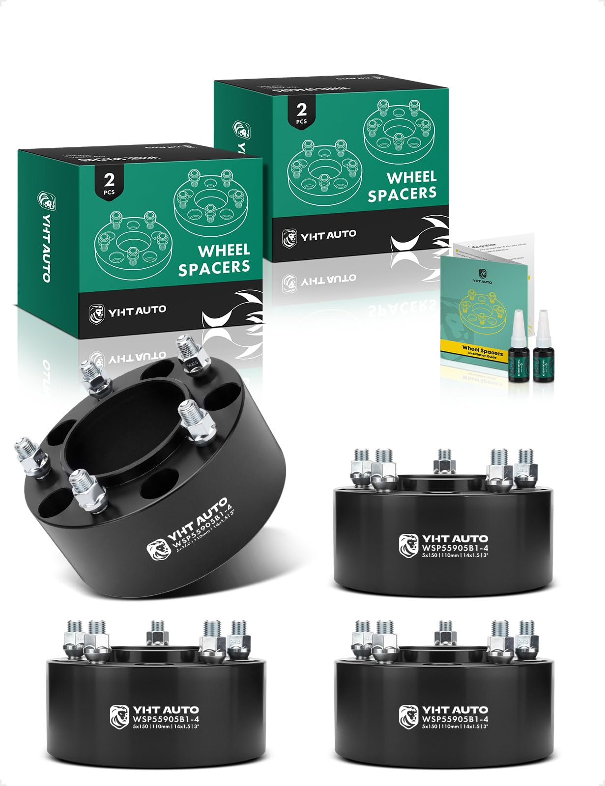 YHTAUTO 5x150mm Hub Centric Wheel Spacers 3 inch Fits Tundra 2007-2021, Sequoia 2008-2022, Land Cruiser 1998-2011 2013-2021, LX470, LX570 5 Lug Tire Spacers w/ M14x1.5 Studs, 110mm Hub Bore 4PCS Black