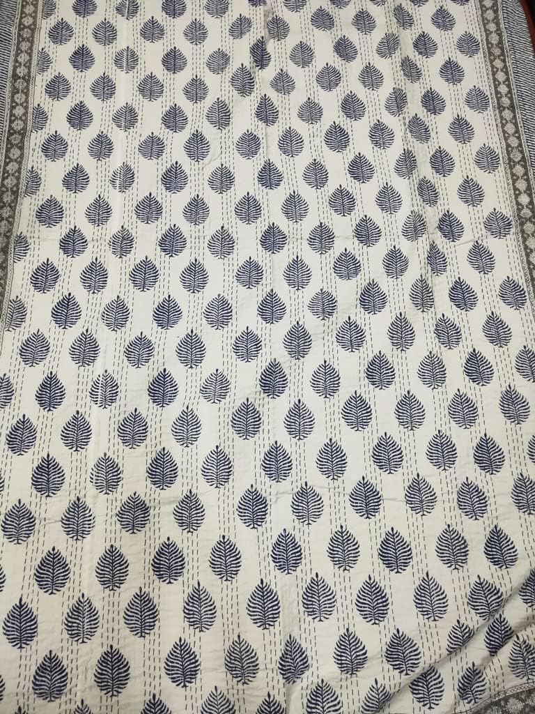 Indian Kantha Quilt Handmade Throw Reversible Blanket Bedspread Block Print Fabric Bohemain Quilt Twin/Queen/King Chic Bedding coverlets (Gray Floral, Twin)