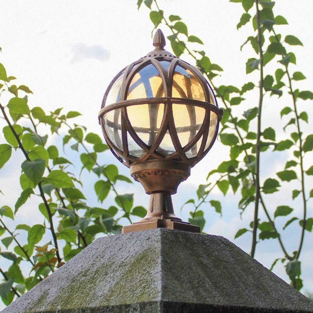 Lampa zewnętrzna, IP44, lampa cokołowa, retro, do użytku na zewnątrz, kolor brązu, wodoszczelna, E27, odlew aluminiowy, klosz kulowy, szklany klosz zewnętrzny, latarnia trawnikowa, ścieżka, korytarz