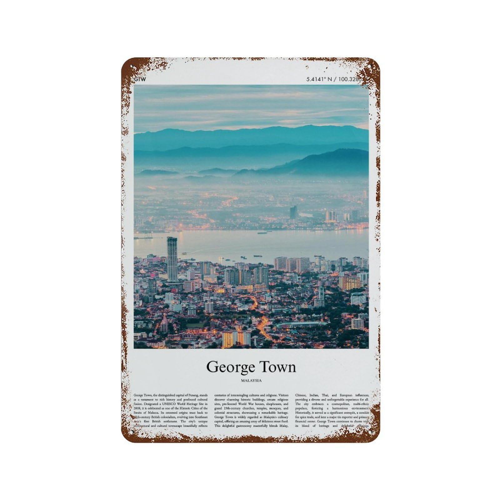 xiaoxiaoshen George Town Malaysia City Scenery Wall Decor Art Metal Tin Poster Modern Home Decor Art Home Bar Shop Decorations Vintage Sign 30x20cm