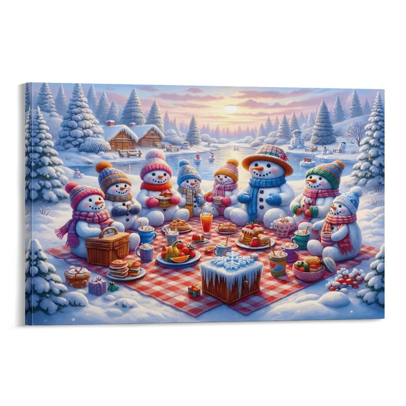CPLVKWRQJ Snowman Picnic Winter Individual Snowman Family Picnic Sunset Pine Woods Canvas Print - Bedroom Canvas Painting Easy to Clean Statement Piece Decor 20x30inch(50x75cm)