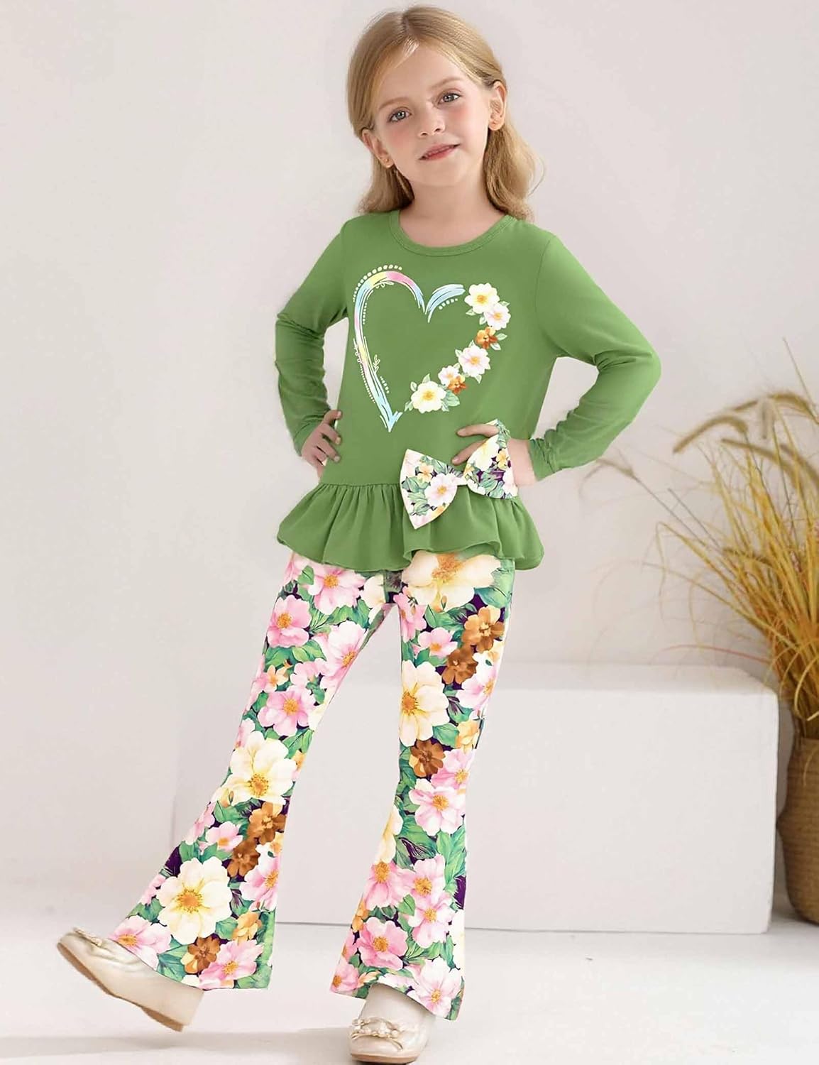 Little Girl Clothes 2-8Years Girls Outfit,Long Sleeve Ruffle Top+Bow ,Flower Flared Pants 2Pcs Fall winter Set - Image 4