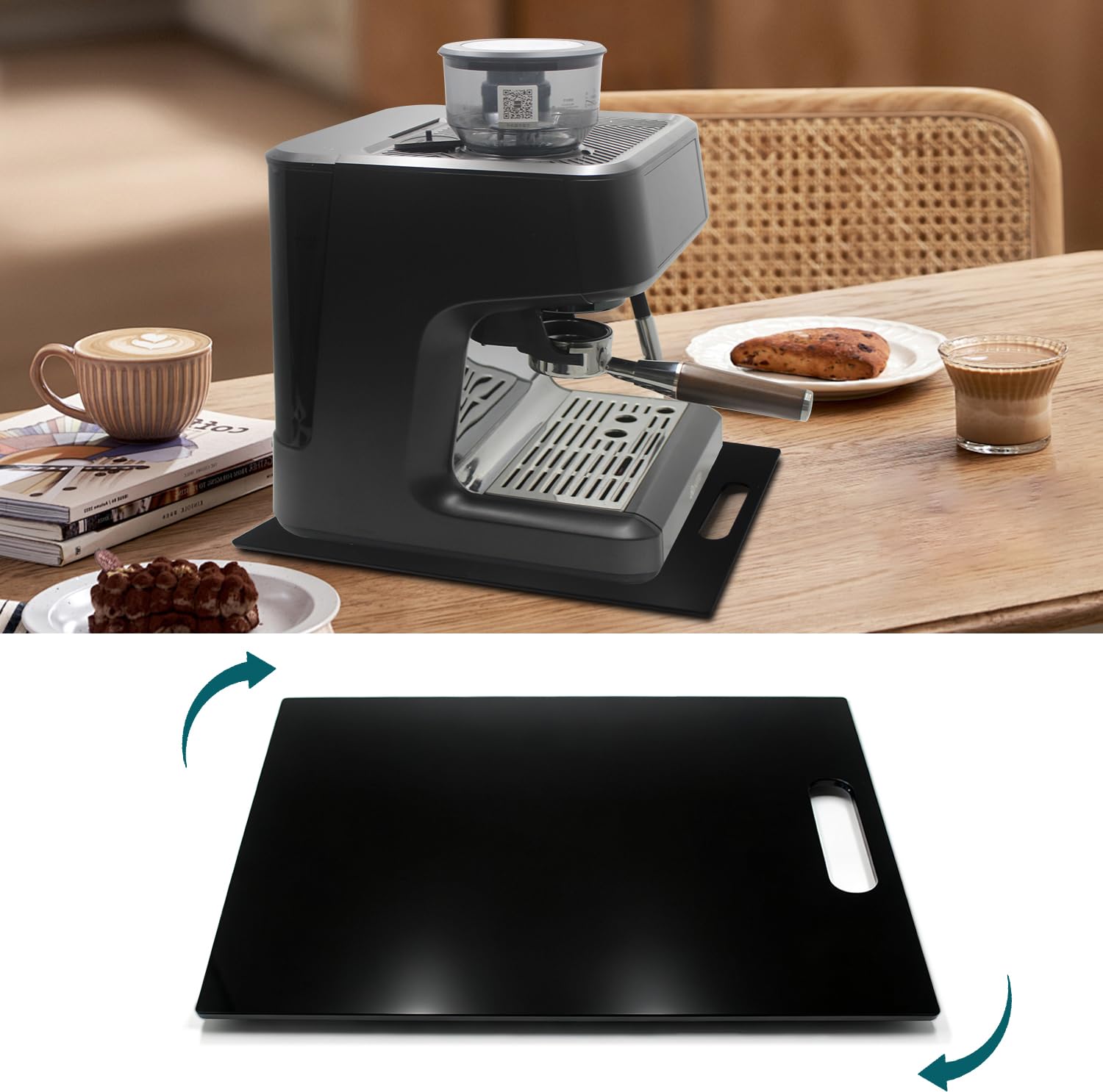 Tavola scorrevole in acrilico per macchina da caffè automatica, ruote a 360° con manico (33 x 40 cm)