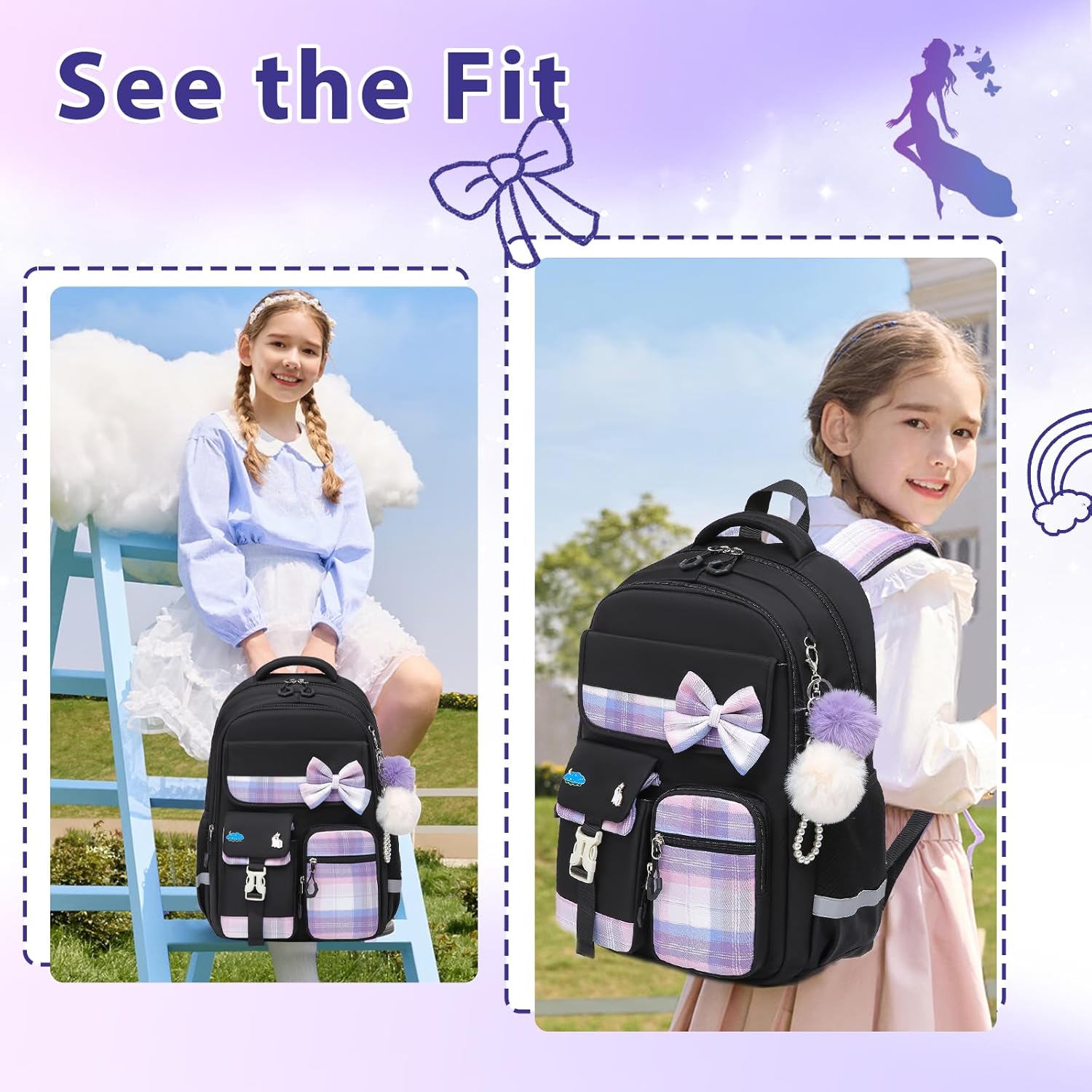 School Backpack for Girls Kids Bookbag for Elementary Middle School Casual Travel Daypack Teen Backpacks Black - Image 6