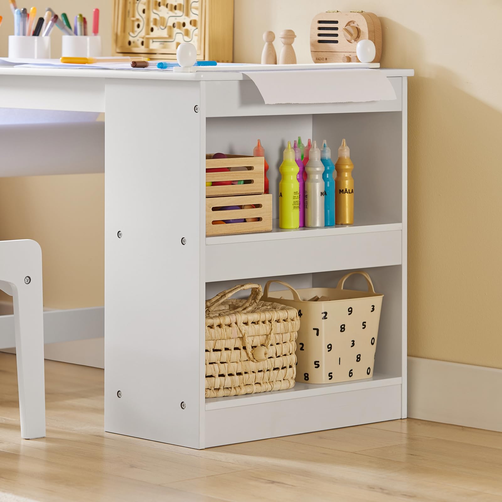 SoBuy KMB60-W Tavolino Bambini Set Tavolo e Sedie Multiattività 2 Ripiani Bianco 80x54x65,5cm