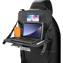 Car Steering Wheel Tray, Foldable Car Laptop Desk Eating Food Tray with Transparent Holder & Tissue Box, Adjustable Back Seat Headrest Table for in-Car Dining Working Studying Black