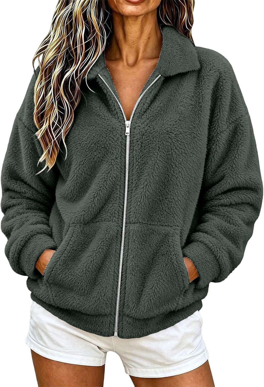 Women's Fuzzy Jacket Zip Up Long Sleeve Collared Casual Winter Coat