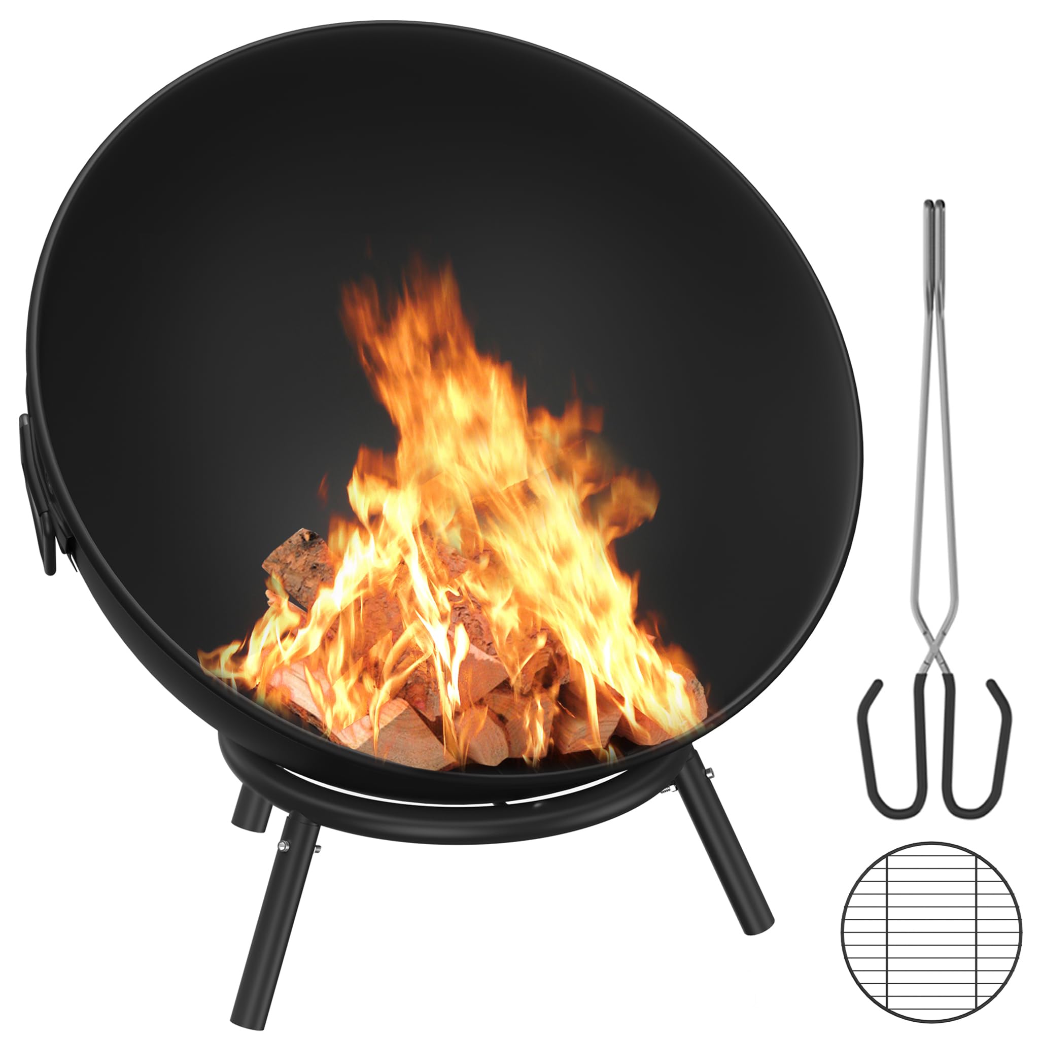 Feuerschale 62 cm Feuerschalen für den Garten, Terrasse & Balkon Feuerkorb Camping aus Stahl Feuerstelle Outdoor mit Dreibein Gestell Feuertonne Flexibel Einstellbarer für Lagerfeuer Schwarz