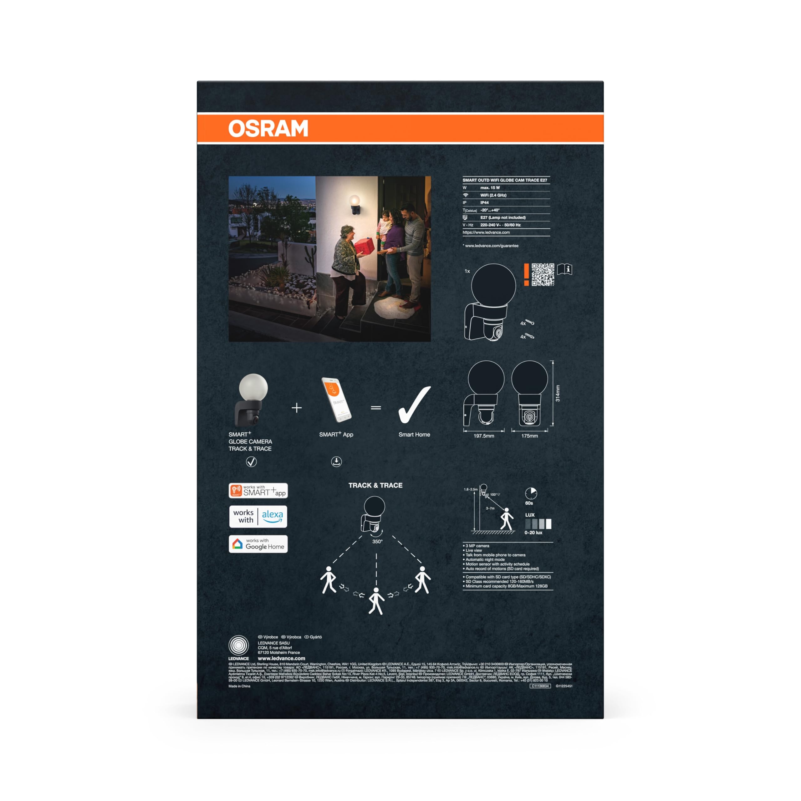 OSRAM Kinkiet zewnętrzny SMART+ z kamerą, oprawką E27, funkcją śledzenia i śledzenia, solidnym szklanym dyfuzorem, zintegrowanym głośnikiem, kartą pamięci, inteligentną technologią WiFi, długą