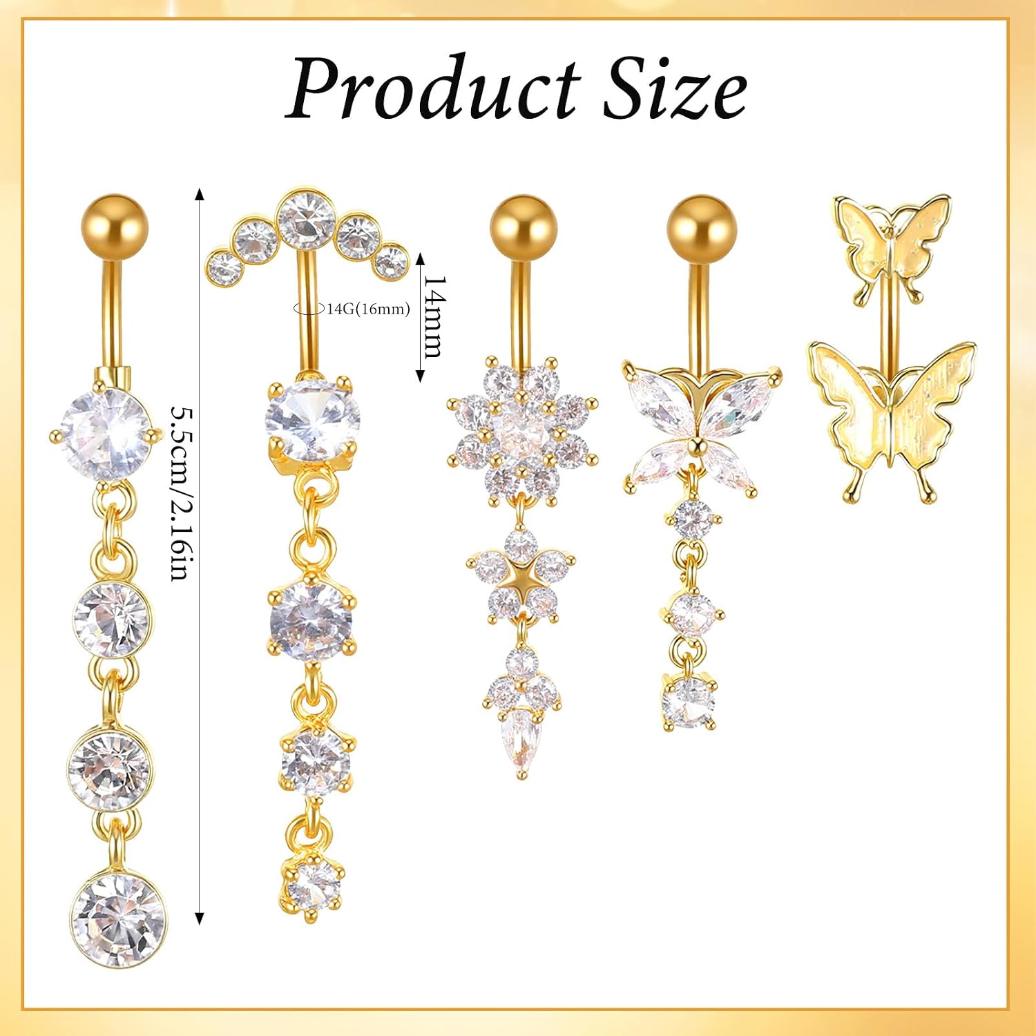 5Pcs Belly Button Ring Dangle Surgical Stainless Steel Belly Rings 14G Gold Belly Button Piercing Cubic Zircon Butterfly Barbell Body Piercing Jewelry Navel Belly Ring for Women
