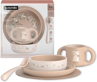 Suavinex set vaisselle bébé, coffret repas enfant 5 pièces : assiette, bol, tasse, cuillère, nappe antidérapante