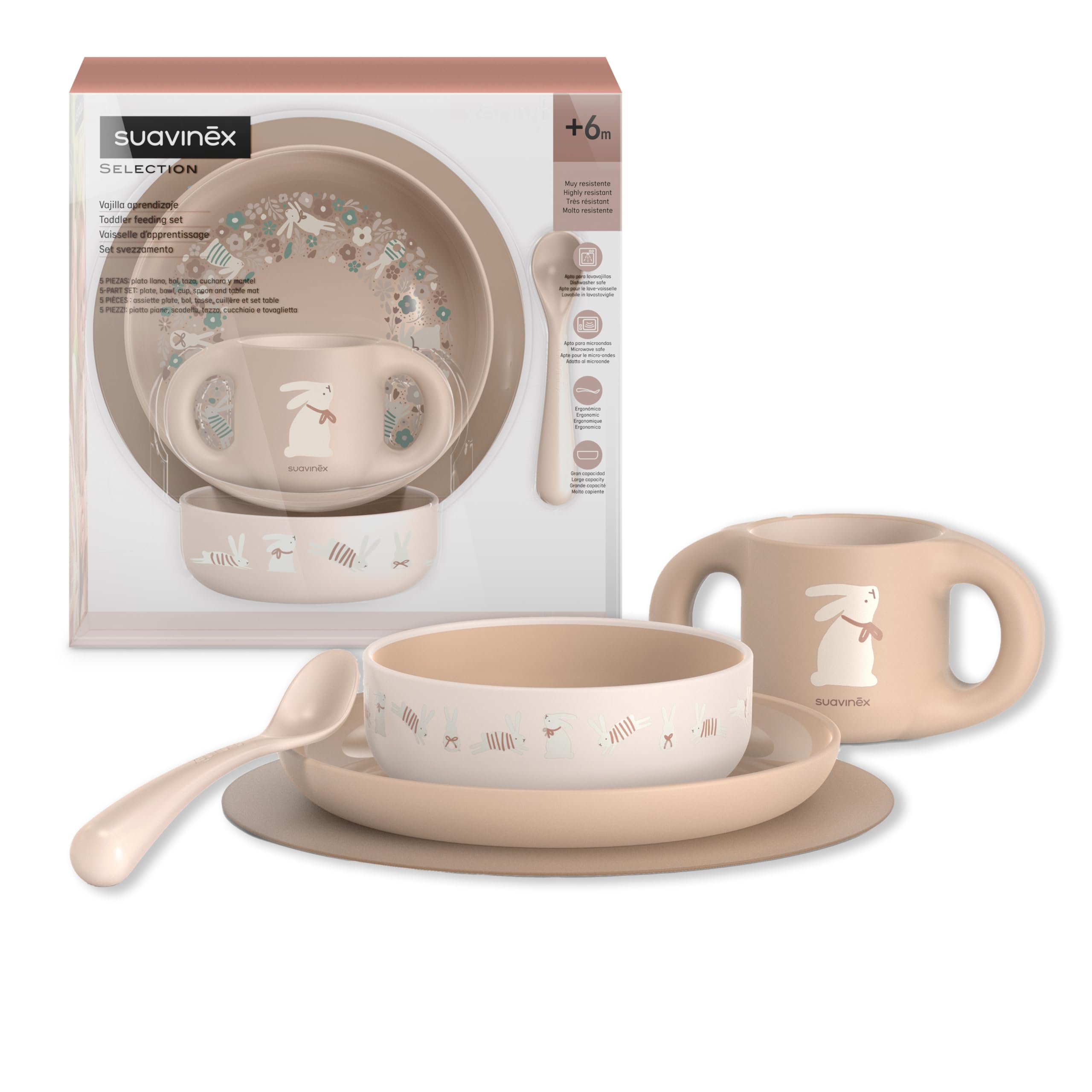 Suavinex, Set Vaisselle Bébé. Coffret Repas Enfant, 5 pièces. Comprend : Assiette + Bol + Tasse + Cuillère + Nappe Antidérapante. 6+ Mois. Durable, Apte pour le lave-vaisselle, Micro-onde. Rose