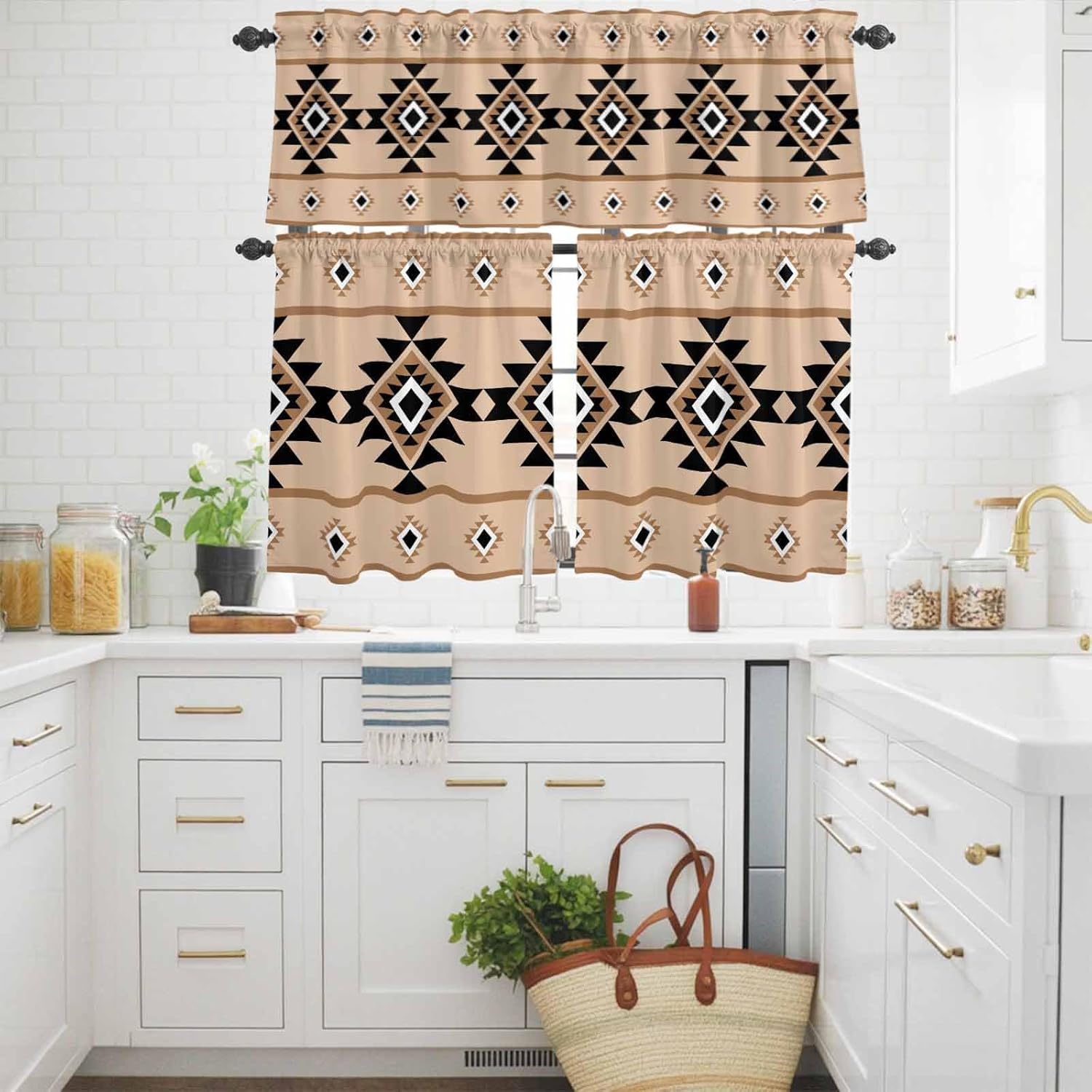 Vandarllin Kitchen Curtains and Valances Set, Khaki Aztec Window Treatments Tiers Western Tribal Pattern Half Short Curtains for Small Windows Living Room Bedroom Cafe Home Decor 54x36 Inch