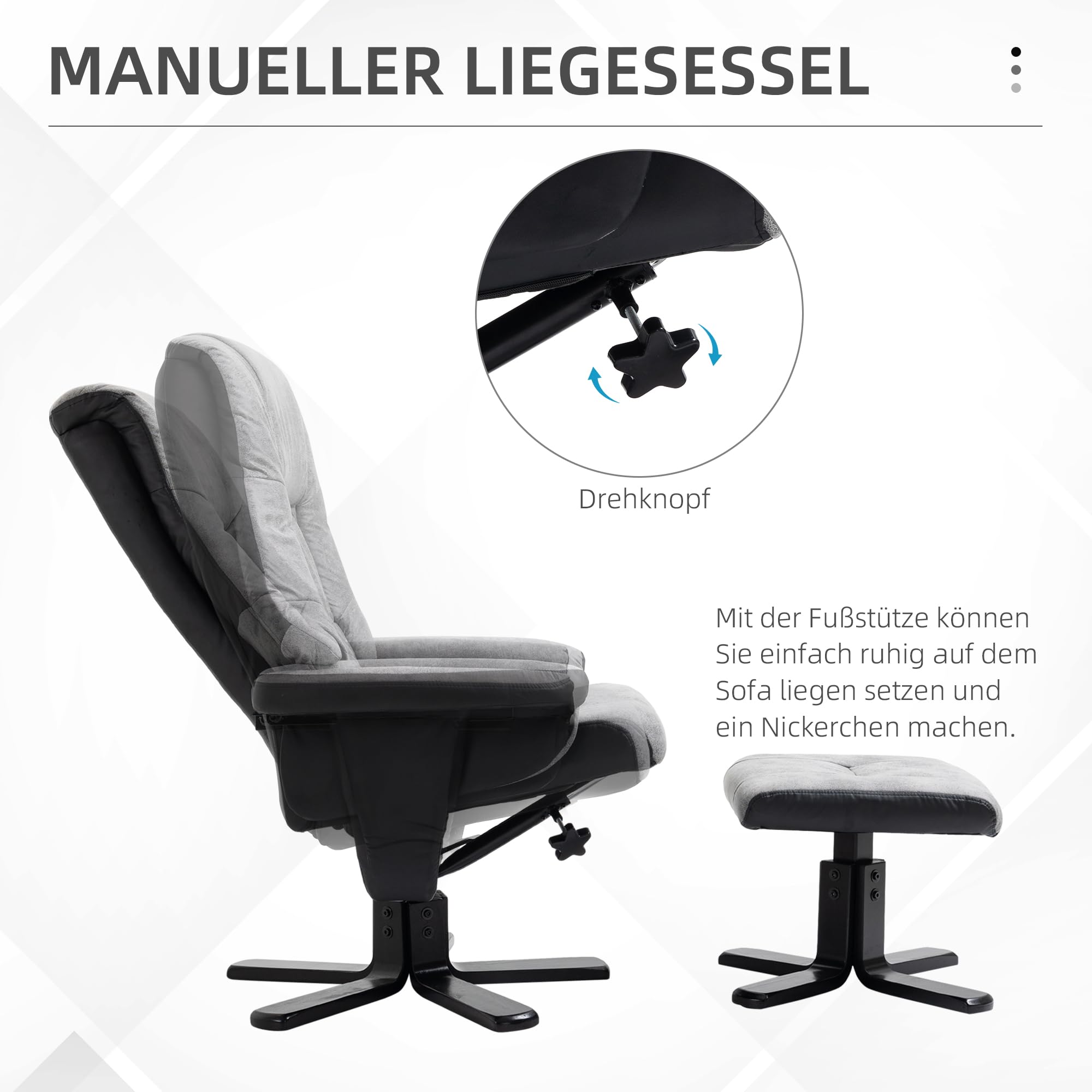 HOMCOM Relaxsessel mit Hocker, Drehbarer Fernsehsessel, TV Sessel mit Liegefunktion, Polstersessel, Mikrofaser Grau, 78 x 82,5 x 109 cm