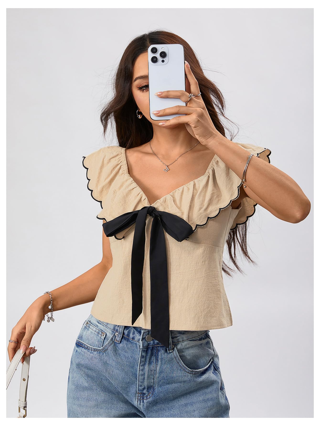 MakeMeChic Women's Bow Tie Front Sweetheart Blouse Ruffle Cap Sleeve Dressy Crop Tops