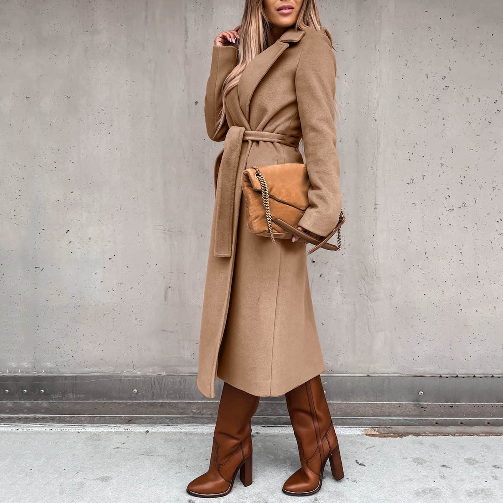 Damski płaszcz zimowy, długi płaszcz wełniany, ciepła kurtka przejściowa, jednokolorowa, slim revers, marynarka, elegancka wiatrówka, modny płaszcz, khaki, XL