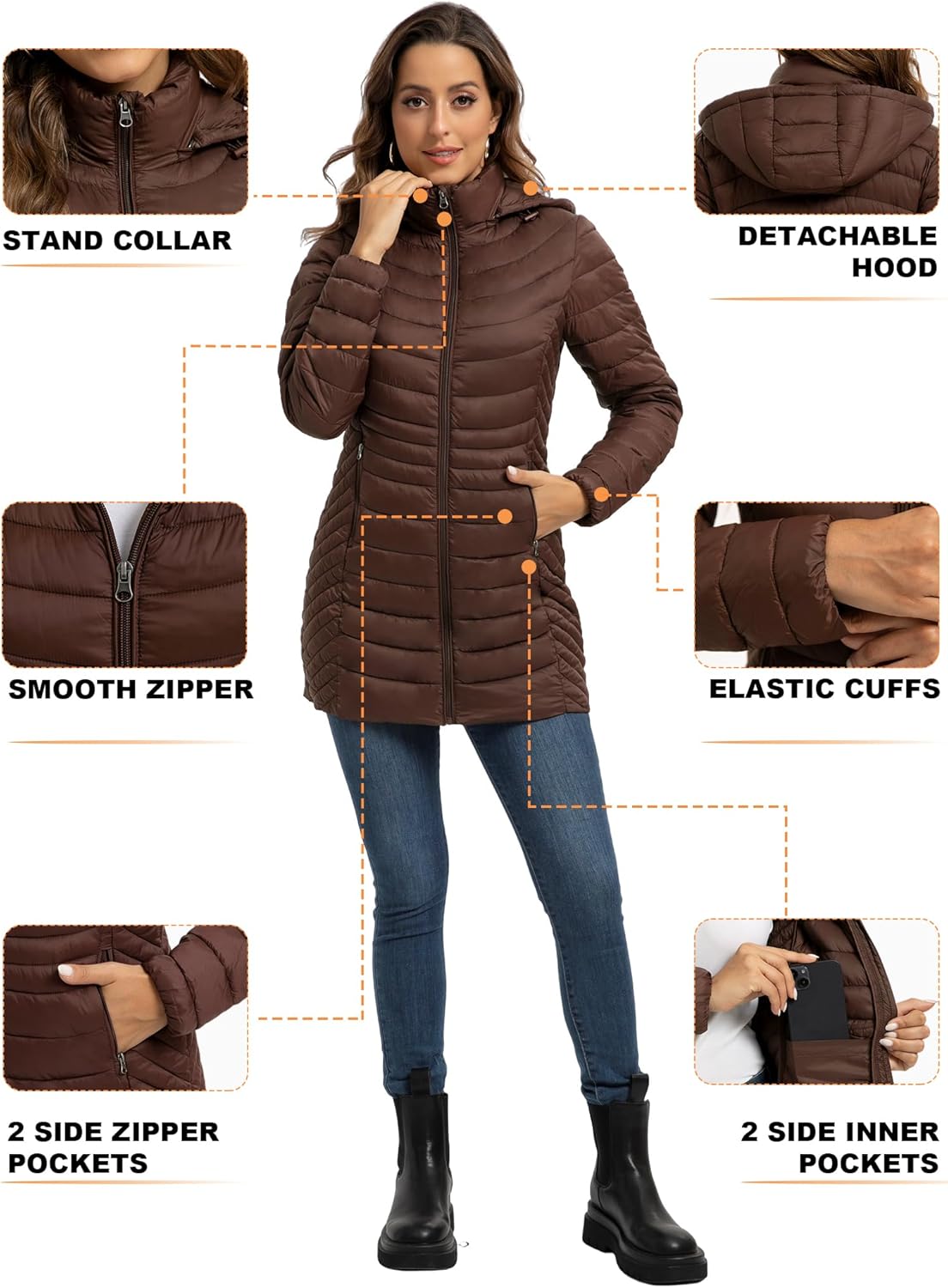 ROYAL MATRIX Packable Puffer Jacket for Women Hooded Lightweight Quilted Travel Long Puffer Coat with Pockets - Image 5