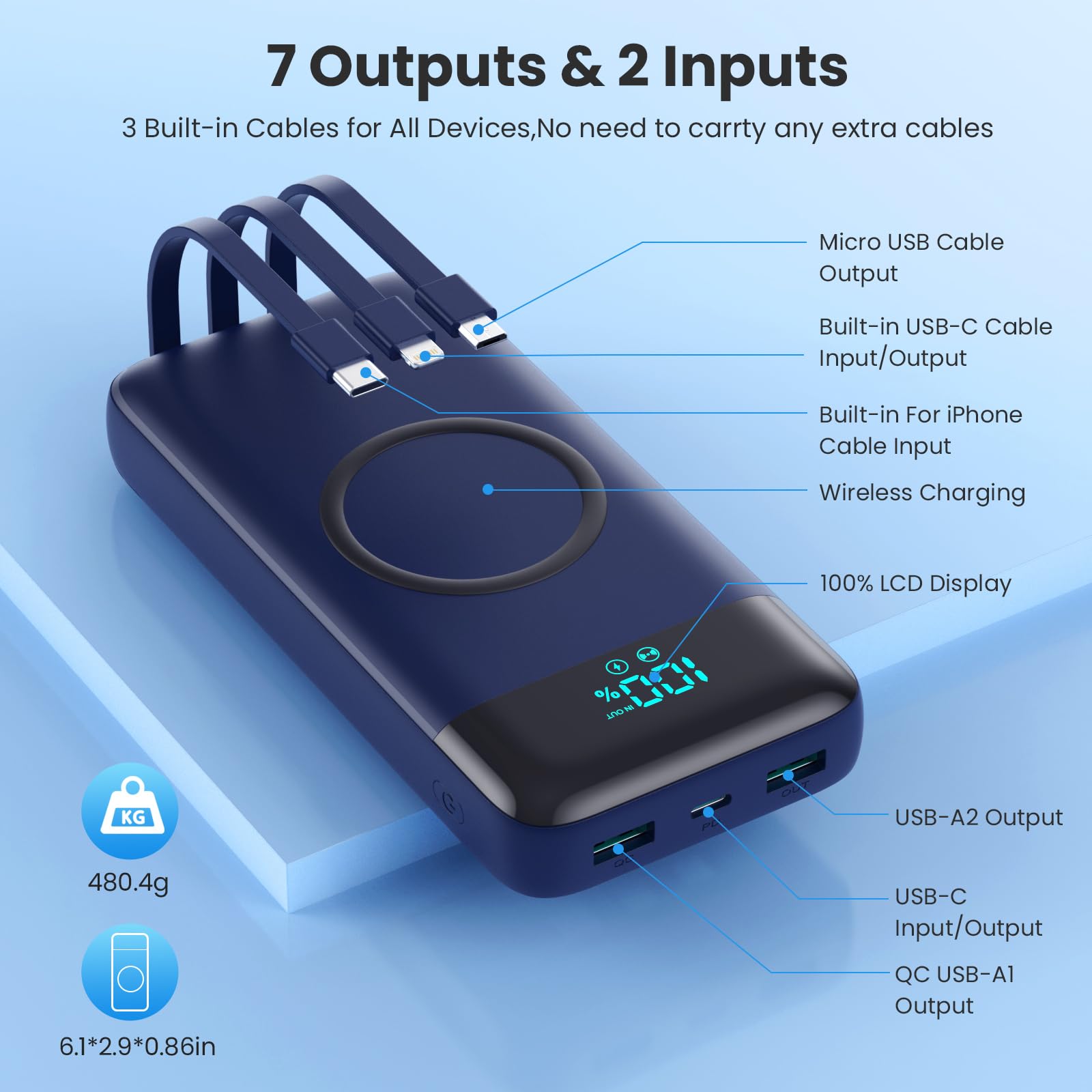 Ekrist Power Bank Wireless 26800mAh con 3 Cavi, 7 in 1 Caricatore Portatile Wireless Ricarica Rapida 25W PD3.0+QC4.0, Display LCD Batterie Esterna 6 Uscite Compatibile con iPhone Huawei Samsung ecc.