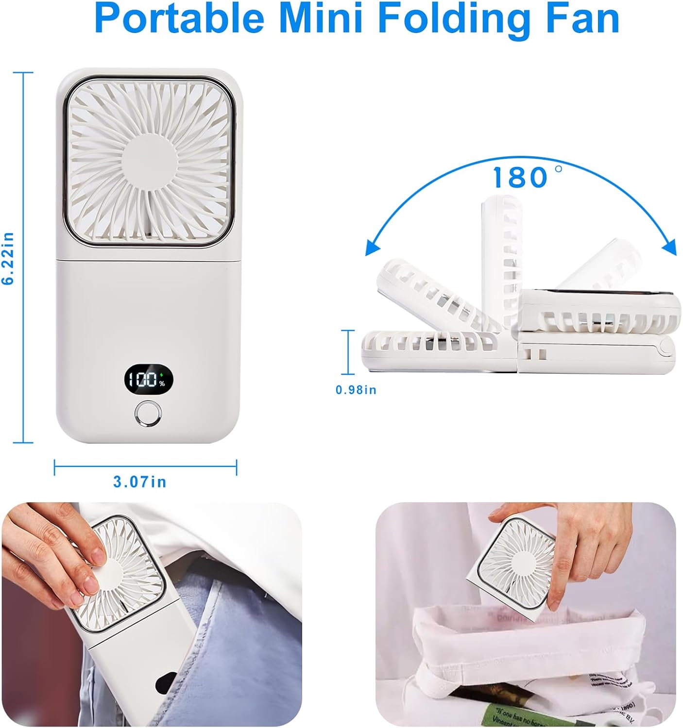 Portable Handheld Fan, USB Rechargeable Mini Personal Fan with Adjustable Speeds, Pocket Size Quiet Cooling Fan for Travel, Outdoor, Makeup, Camping, Office, Summer Essential Gift(white) - Image 6