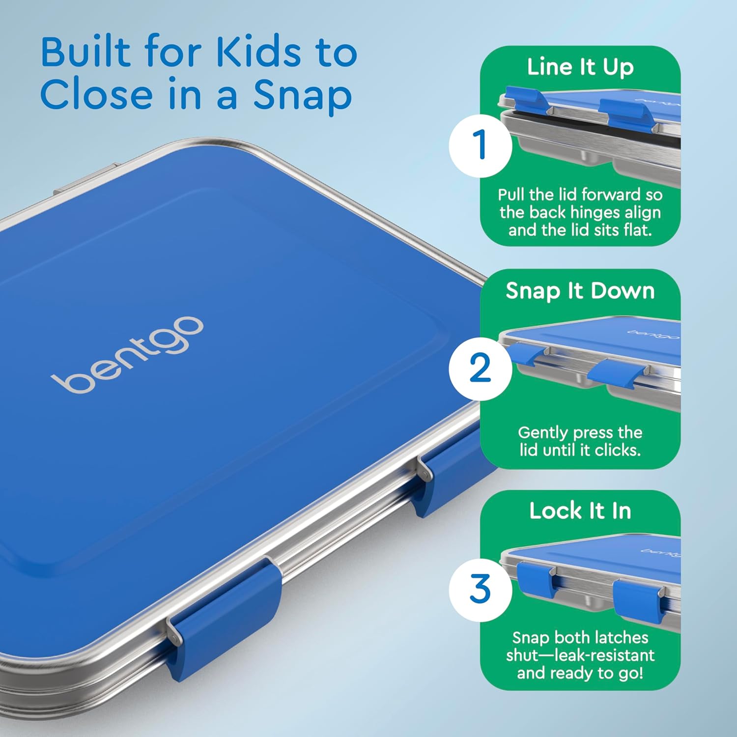 Bentgo Kids Stainless Steel Leak-Resistant Lunch Box - 3-Compartments with Bonus Silicone Container, Durable, Eco-Friendly, Dishwasher Safe, BPA-Free, Ideal for School, Ages 3+ (Blue) - Image 4