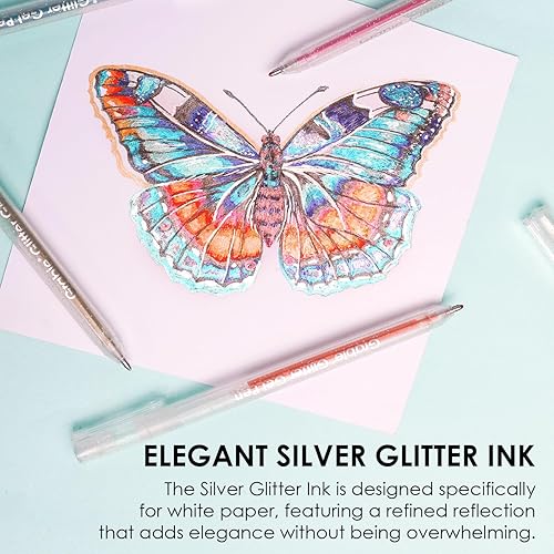 Miniatura 8 de Grabie Juego de 42 bolígrafos de gel con purpurina con tapa, 18 bolígrafos iridiscentes y 24 bolígrafos de colores esenciales, punta redonda suave,