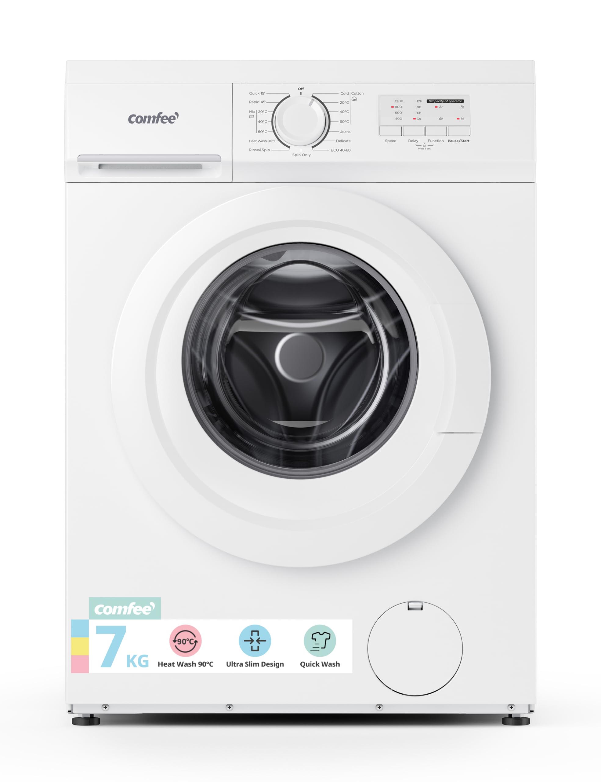 Comfee‘ Freestanding Washing Machine,7KG Load,Heat Wash 90℃,Ultra Slim 400mm,Quick Wash,15 Washing Programs with 1200RPM,White-CFE10EW70/W