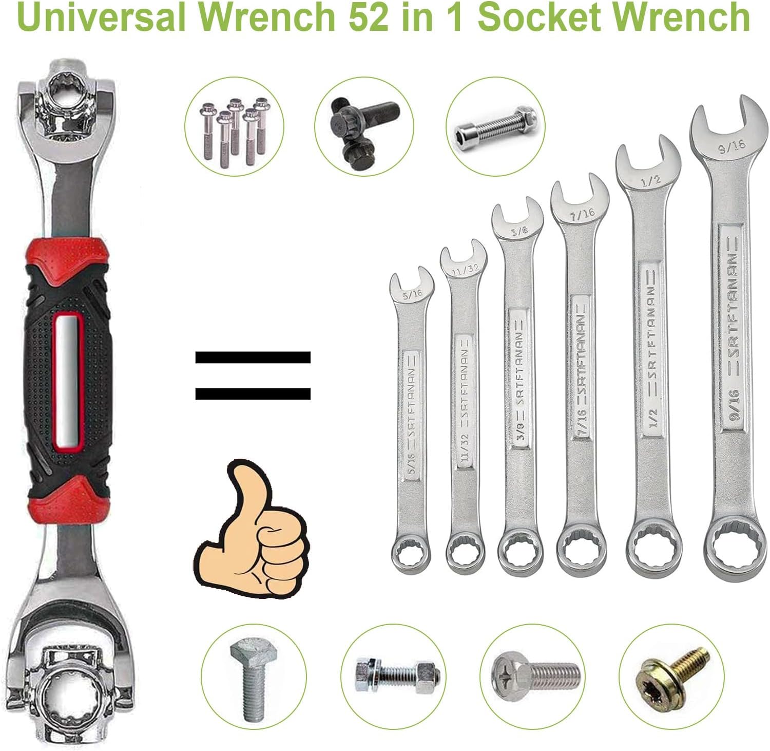 52 in 1 Universal Socket Wrench, 52 in 1 Socket Spanner Wrench with 360 Rotating Head, Chrome Vanadium Steel, Non-Slip Handle, Suitable for Automotive, Home, and Furniture Repairs