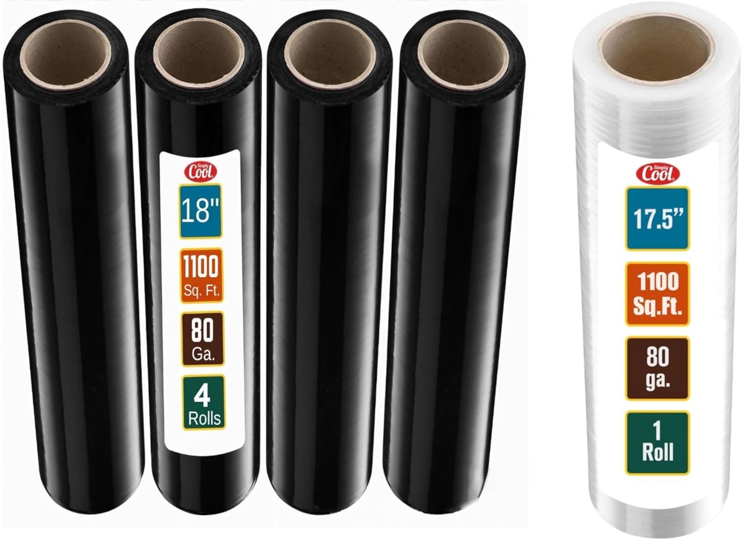 Simply Cool 4 Pack 18'' Black and 1 Pack 17.5" Clear Stretch Wraps