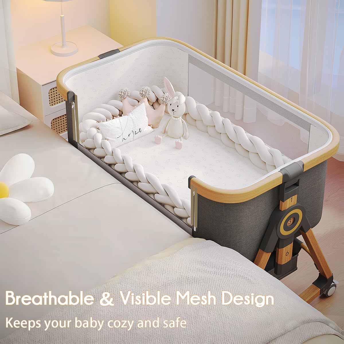 Baby Bassinet, 4 In 1 Portable Bassinet Bedside Sleeper with Wheels Comfy Mattress and Storage Basket, Moises Para Bebe 6 Adjustable Height Rocking Bedside Bassinet for Baby Newborn Boys Girls