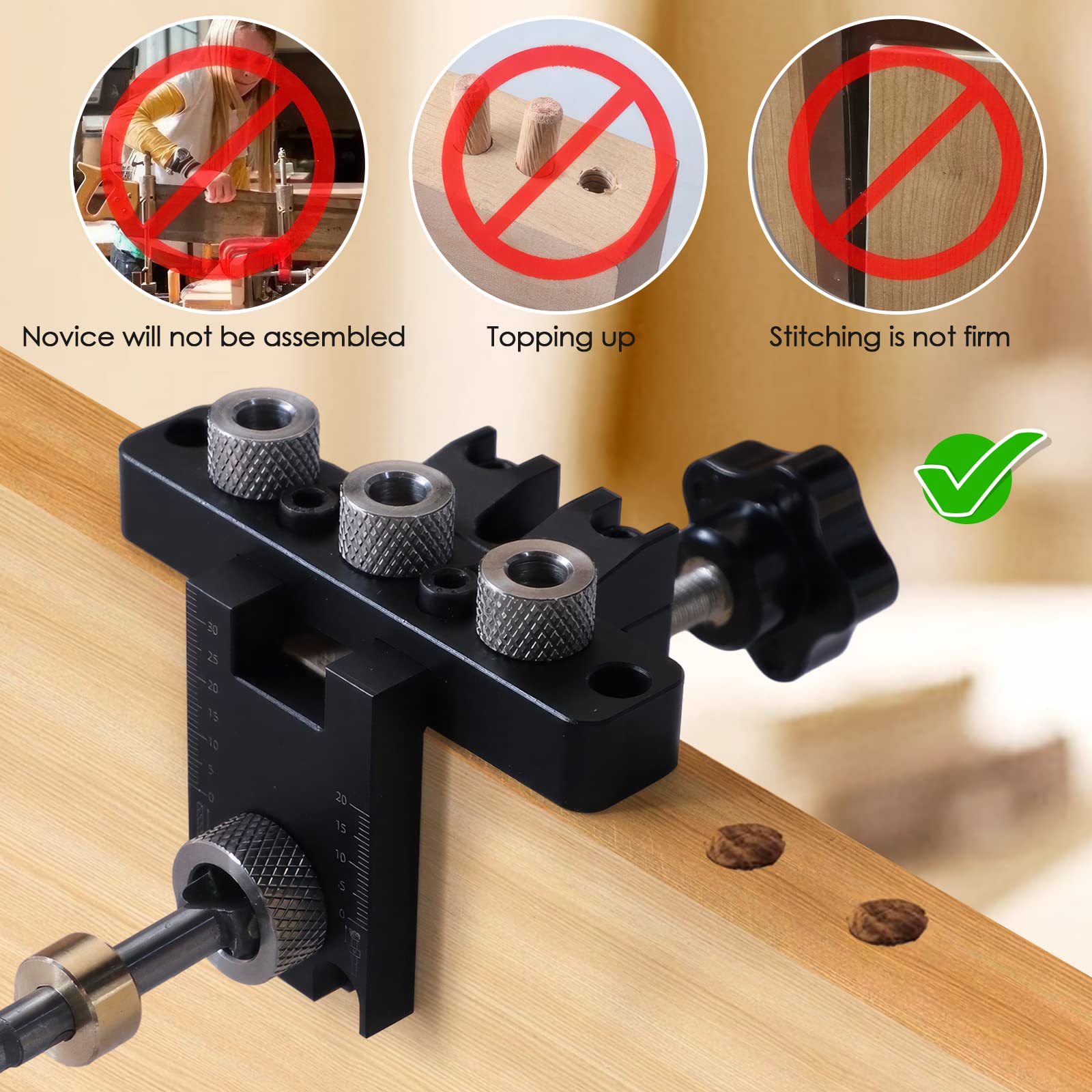 Pocket Hole Jig, 3 en 1 Kit de plantilla de orificio de bolsillo con broca de 8/10/15 mm, juego de plantilla de espiga para carpintería Guía de perforación Localizador de perforadora Guía