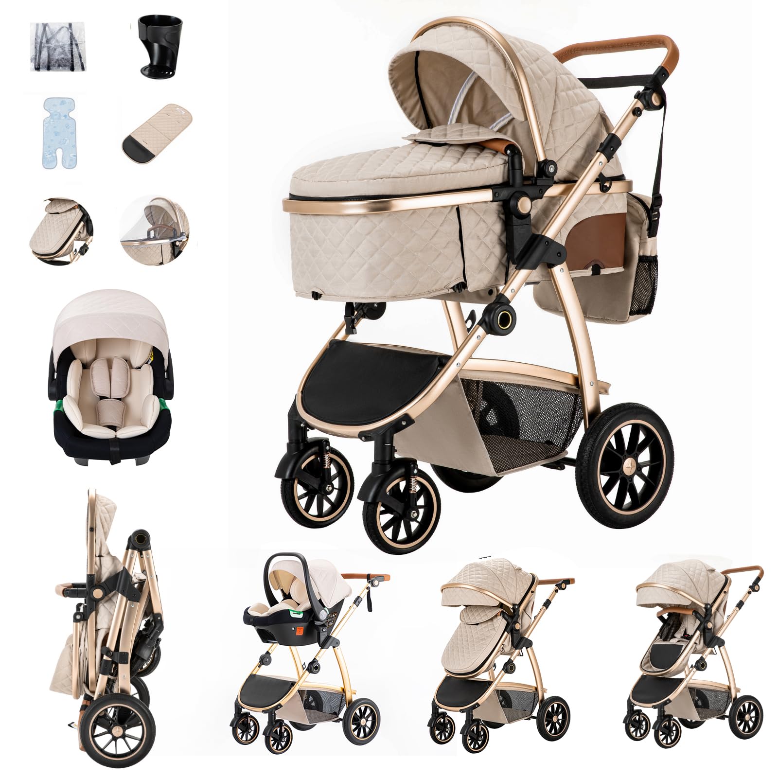 Poussette 3 en 1 Système de Voyage Siège Auto Landau Accoudoirs réglables Châssis Aluminium 0-4 ans