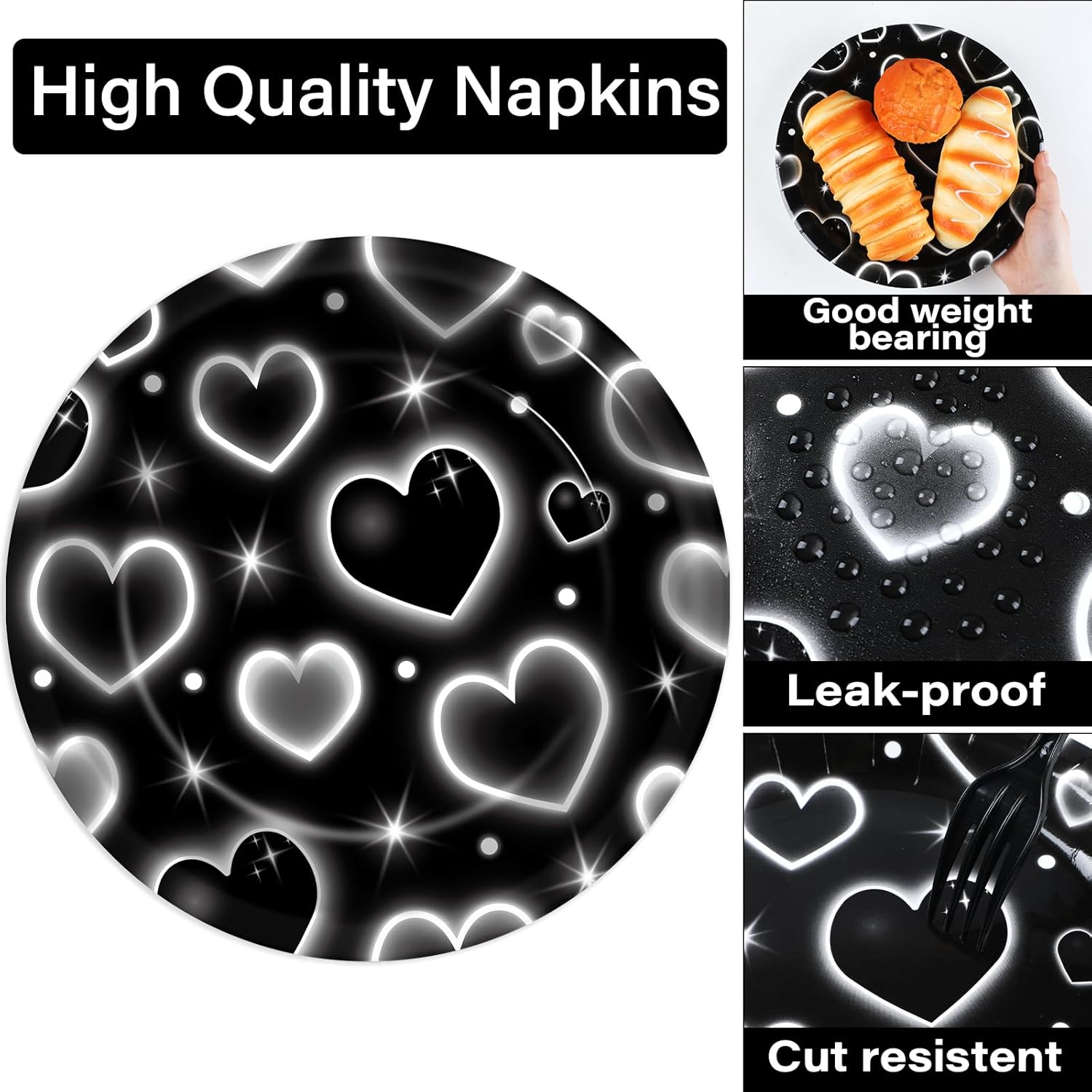 Qyeahkj 100 Pcs 2000s Party Plates Napkins Forks Set Black Heart Tableware Supplies Y2k Theme Birthday Party Decoration Early 2000s Dinnerware Decorations Favors for Birthday Party Serve 25