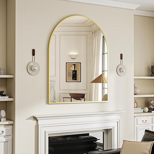 Miniatura 23 de BEAUTYPEAK Espejo de Pared Montado, Espejo de Baño Arqueado de 26 pulgadas x 38 pulgadas, Espejo de Tocador de Pared Dorado con Marco de Metal
